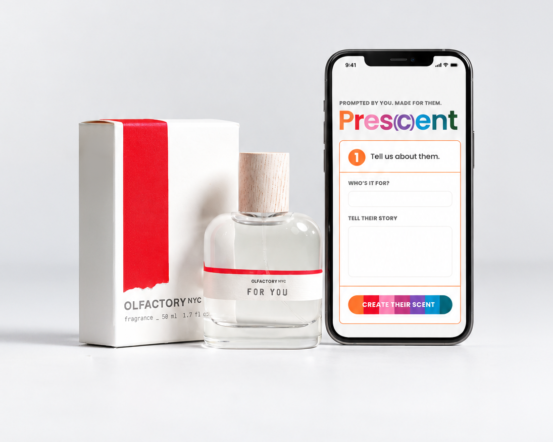 Olfactory NYC Pres(c)ent perfume bottle labeled For You next to a phone showing the story prompt