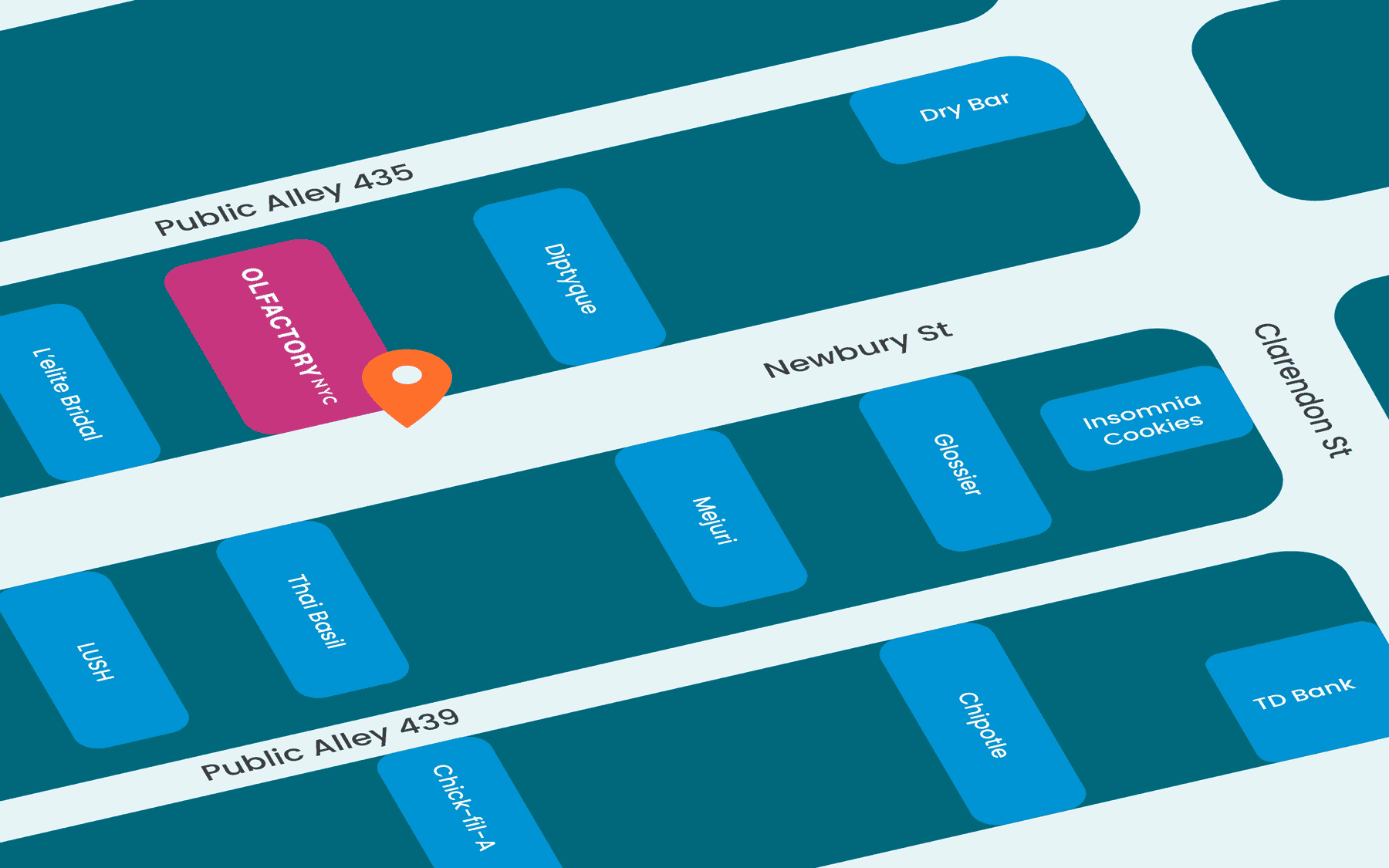 Map showing Olfactory NYC at 133 Newbury Street, Boston, MA