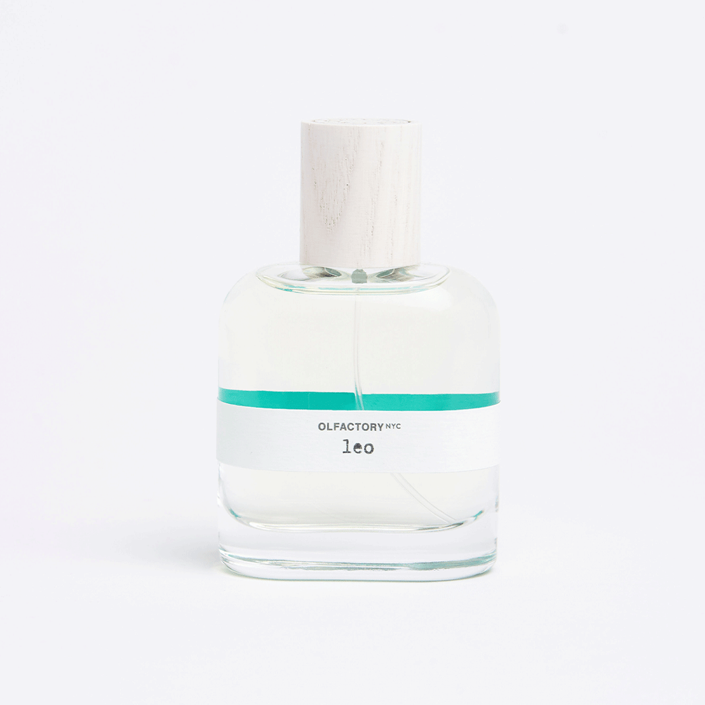 leo fragrance bottle with green stripe on label 